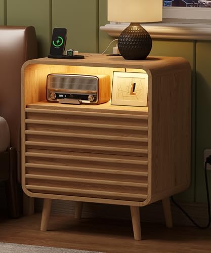 Fluted Nighstand with 2 Drawers & Charging Station  22 4 Wide RGB Night Stand with Open Shelf  Modern Bedside Table with LED Lights  Wooden End Table for Bedroom  Curved Profile Design  Natural