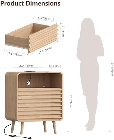 Fluted Nighstand with 2 Drawers & Charging Station  22 4 Wide RGB Night Stand with Open Shelf  Modern Bedside Table with LED Lights  Wooden End Table for Bedroom  Curved Profile Design  Natural