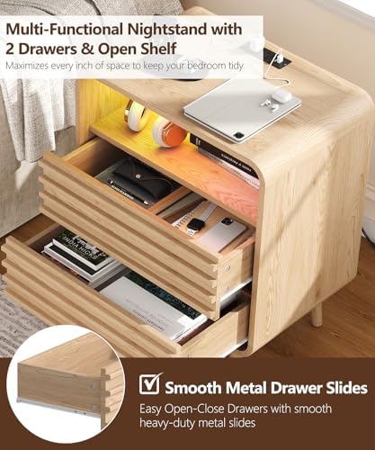Fluted Nighstand with 2 Drawers & Charging Station  22 4 Wide RGB Night Stand with Open Shelf  Modern Bedside Table with LED Lights  Wooden End Table for Bedroom  Curved Profile Design  Natural