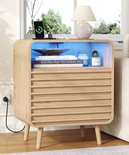 Fluted Nighstand with 2 Drawers & Charging Station  22 4 Wide RGB Night Stand with Open Shelf  Modern Bedside Table with LED Lights  Wooden End Table for Bedroom  Curved Profile Design  Natural