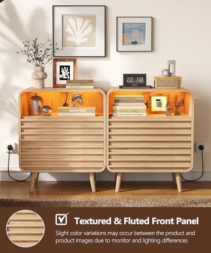 Fluted Nighstand with 2 Drawers & Charging Station  22 4 Wide RGB Night Stand with Open Shelf  Modern Bedside Table with LED Lights  Wooden End Table for Bedroom  Curved Profile Design  Natural