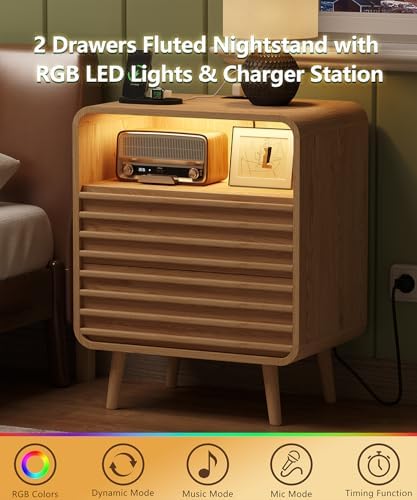Fluted Nighstand with 2 Drawers & Charging Station  22 4 Wide RGB Night Stand with Open Shelf  Modern Bedside Table with LED Lights  Wooden End Table for Bedroom  Curved Profile Design  Natural