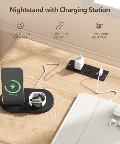 Fluted Nighstand with 2 Drawers & Charging Station  22 4 Wide RGB Night Stand with Open Shelf  Modern Bedside Table with LED Lights  Wooden End Table for Bedroom  Curved Profile Design  Natural