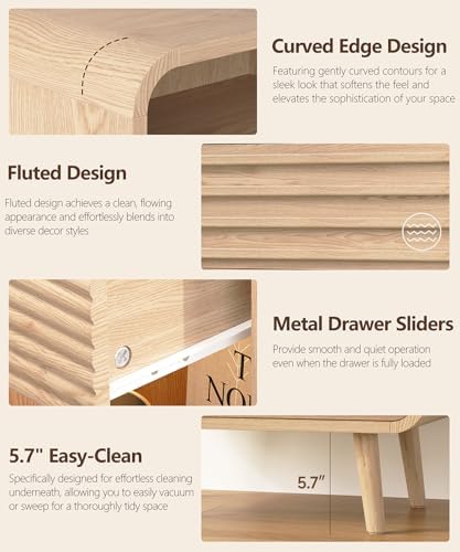 Fluted Nighstand with 2 Drawers & Charging Station  22 4 Wide RGB Night Stand with Open Shelf  Modern Bedside Table with LED Lights  Wooden End Table for Bedroom  Curved Profile Design  Natural