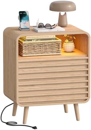 Fluted Nighstand with 2 Drawers & Charging Station  22 4 Wide RGB Night Stand with Open Shelf  Modern Bedside Table with LED Lights  Wooden End Table for Bedroom  Curved Profile Design  Natural