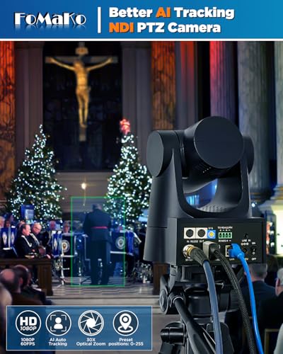 FoMaKo NDI PTZ Camera 30X Optical Zoom  AI Auto Tracking Gen 3  HDMI PTZ Camera for Church Worship Live Services Education Events PoE Official NDI 6 & NDI HX3 Certified  KN30A Pro  Black