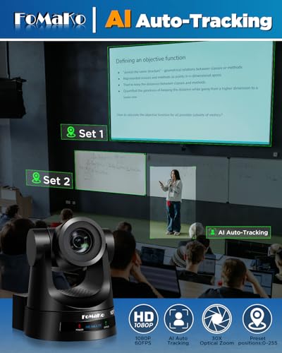 FoMaKo NDI PTZ Camera 30X Optical Zoom  AI Auto Tracking Gen 3  HDMI PTZ Camera for Church Worship Live Services Education Events PoE Official NDI 6 & NDI HX3 Certified  KN30A Pro  Black