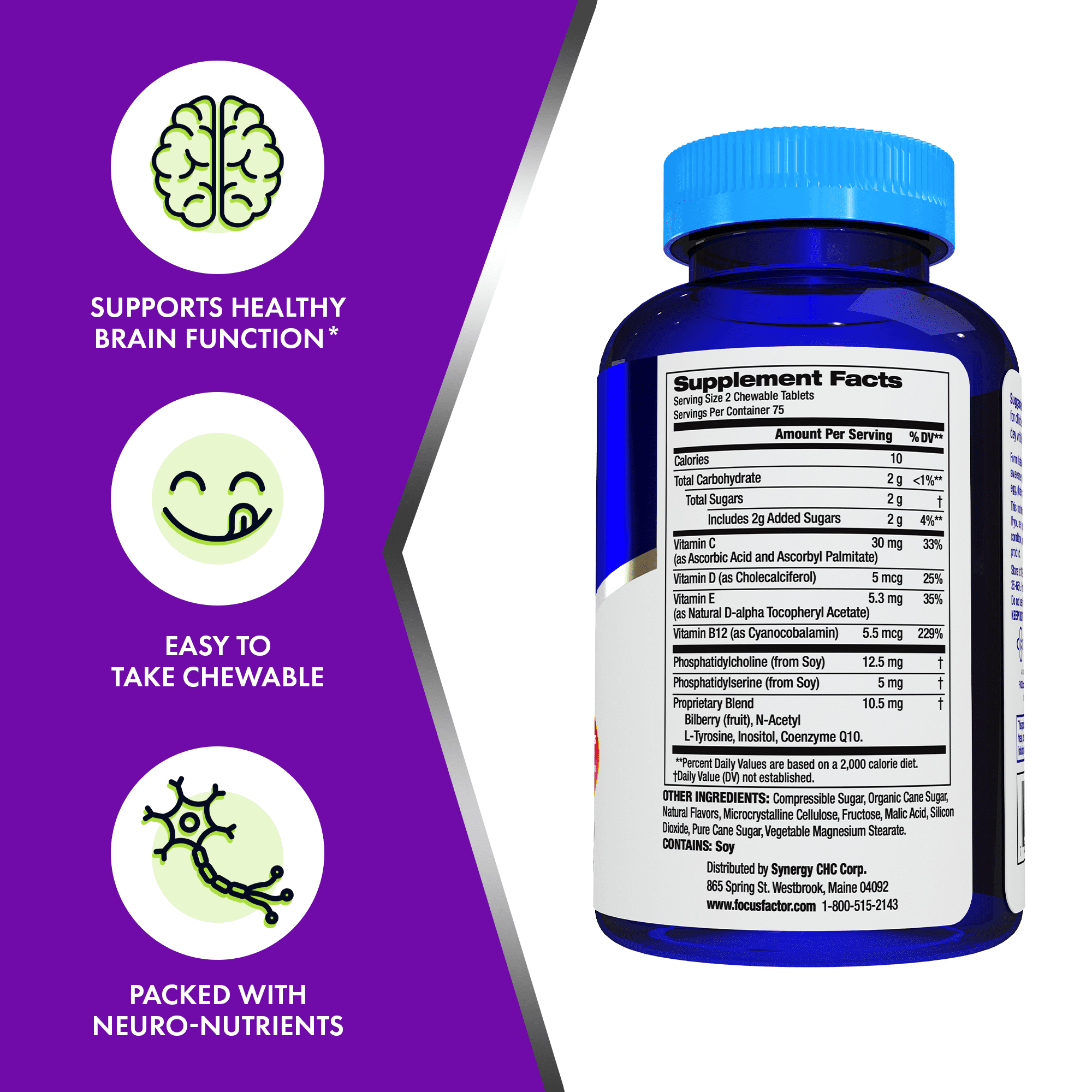 Focus Factor Kids  150 Count    Complete Daily Chewable Vitamins  Multivitamin & Neuro Nutrient  Brain Function  w/Vitamin B12  C  D3