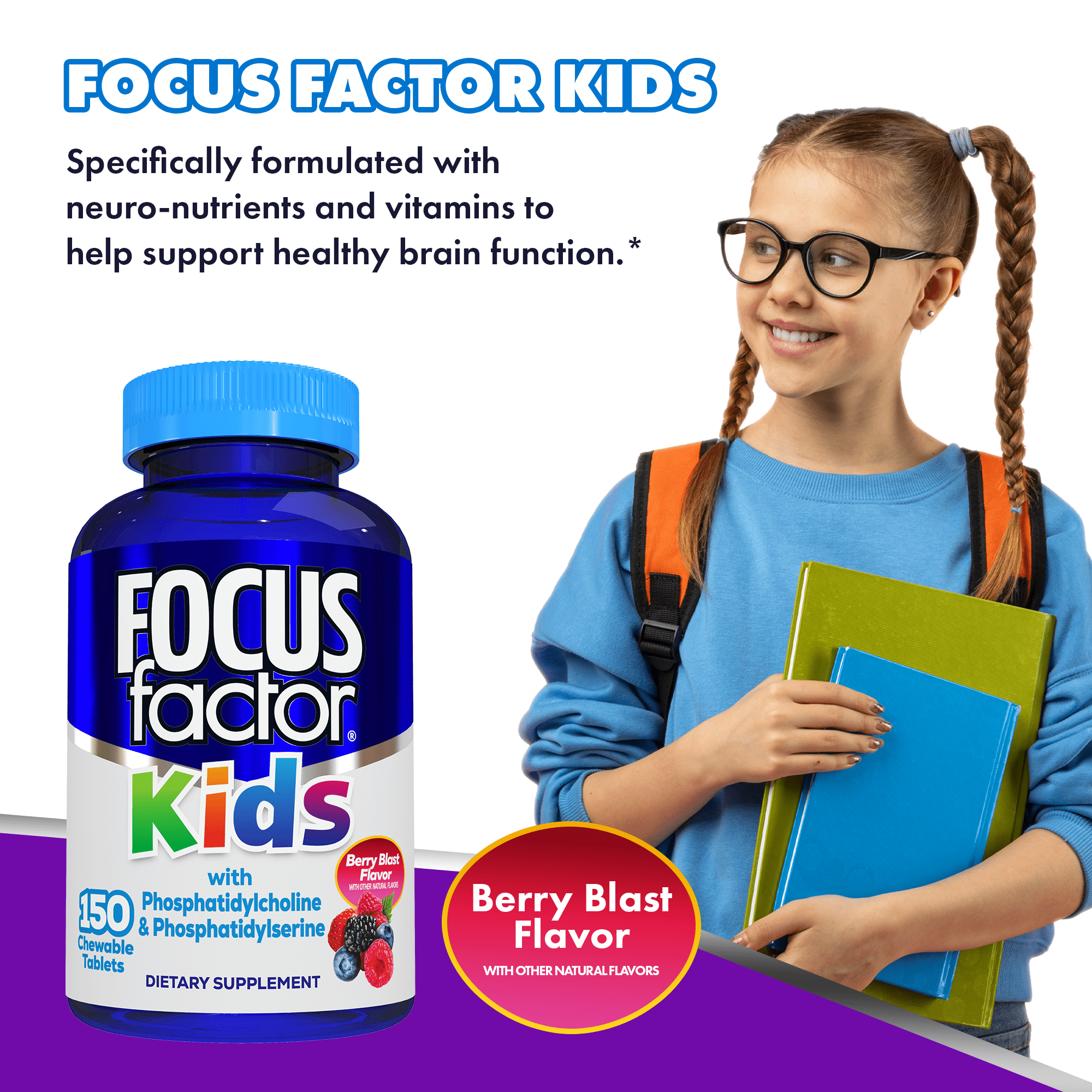 Focus Factor Kids  150 Count    Complete Daily Chewable Vitamins  Multivitamin & Neuro Nutrient  Brain Function  w/Vitamin B12  C  D3