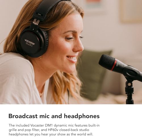Focusrite Vocaster One Studio   Podcasting Interface for Solo Podcast Recording with Professional Quality Vocaster DM1 Dynamic Microphone & HP60v Headphones  1 Mic Input & Headphone Output