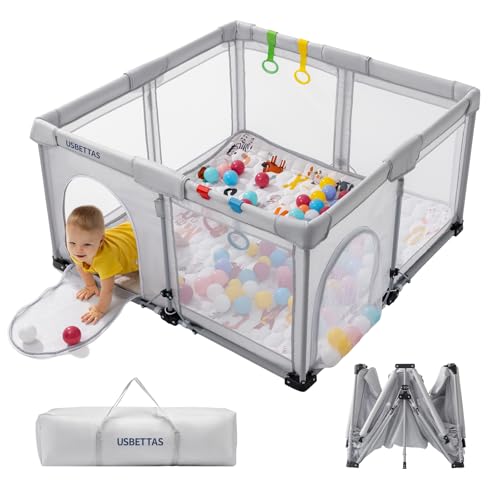 Foldable Baby Playpen Portable Playpen for Babies and Toddler 50   50 Inch Kids Travel Play Pen with 4 Handlers Carry Bag Lighgtweight Baby Play Yard for Indoor&Outdoor Light Gray