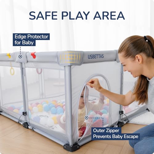 Foldable Baby Playpen Portable Playpen for Babies and Toddler 50   50 Inch Kids Travel Play Pen with 4 Handlers Carry Bag Lighgtweight Baby Play Yard for Indoor&Outdoor Light Gray