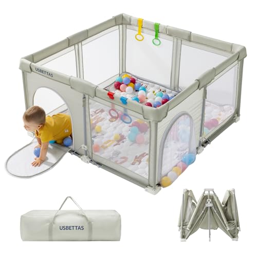 Foldable Baby Playpen Portable Playpen for Babies and Toddler 50   50 Inch Kids Travel Play Pen with 4 Handlers Carry Bag Lighgtweight Baby Play Yard for Indoor&Outdoor Light Gray