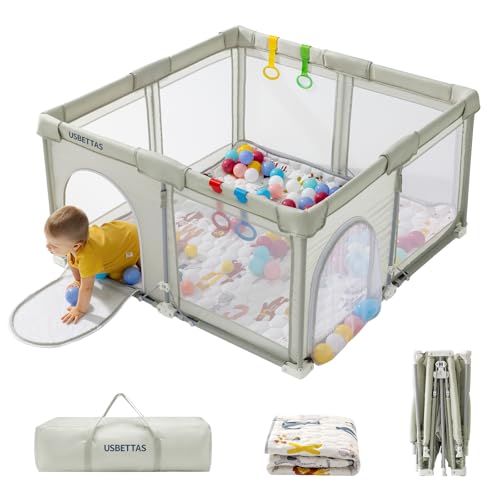 Foldable Baby Playpen Portable Playpen for Babies and Toddler 50   50 Inch Kids Travel Play Pen with 4 Handlers Carry Bag Lighgtweight Baby Play Yard for Indoor&Outdoor Light Gray