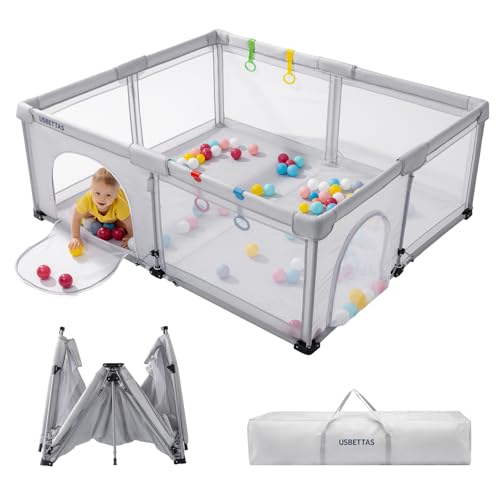 Foldable Baby Playpen Portable Playpen for Babies and Toddler 50   50 Inch Kids Travel Play Pen with 4 Handlers Carry Bag Lighgtweight Baby Play Yard for Indoor&Outdoor Light Gray