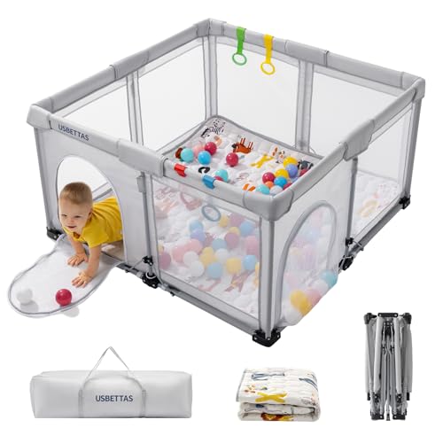Foldable Baby Playpen Portable Playpen for Babies and Toddler 50   50 Inch Kids Travel Play Pen with 4 Handlers Carry Bag Lighgtweight Baby Play Yard for Indoor&Outdoor Light Gray