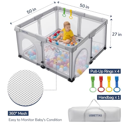 Foldable Baby Playpen Portable Playpen for Babies and Toddler 50   50 Inch Kids Travel Play Pen with 4 Handlers Carry Bag Lighgtweight Baby Play Yard for Indoor&Outdoor Light Gray
