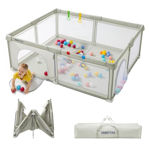 Foldable Baby Playpen Portable Playpen for Babies and Toddler 50   50 Inch Kids Travel Play Pen with 4 Handlers Carry Bag Lighgtweight Baby Play Yard for Indoor&Outdoor Light Gray
