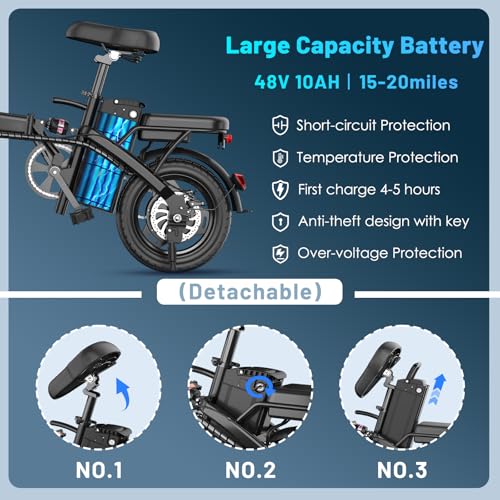 Foldable Electric Bike for Adults  14 Folding E Bike with 500W Peak Motor  Electric Bicycle with 48V Removable Battery UL 2849 Certified  25 Miles PAS Range  Electric Commuter Mini Bikes