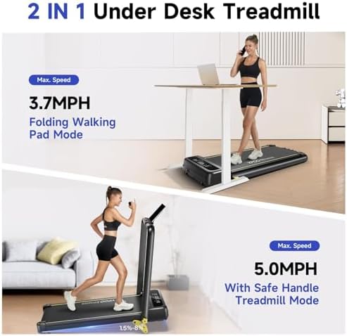 Foldable Treadmill with Incline  Walking Pad with Handle Bar 3 Level Incline  Portable Folding Treadmills for Home/Office 300 Lbs Capacity  Quiet Desk Treadmill with Remote Control & APP