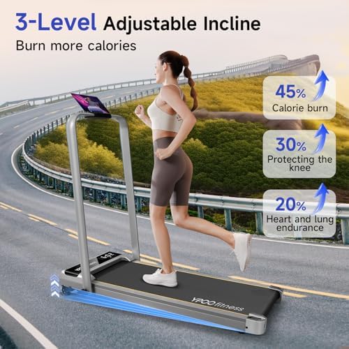 Foldable Treadmill with Incline  Walking Pad with Handle Bar 3 Level Incline  Portable Folding Treadmills for Home/Office 300 Lbs Capacity  Quiet Desk Treadmill with Remote Control & APP