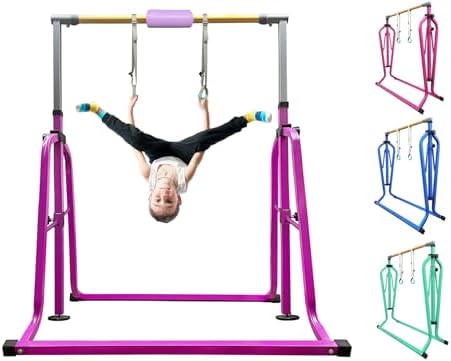 Foldable & Moveable Gymnastics Horizontal Bar with Rings 3 to 5 Adjustable Height Expandable Junior Kip Bar for Home Indoor Gym Equipment for Kids