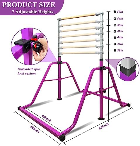 Foldable & Moveable Gymnastics Horizontal Bar with Rings 3 to 5 Adjustable Height Expandable Junior Kip Bar for Home Indoor Gym Equipment for Kids