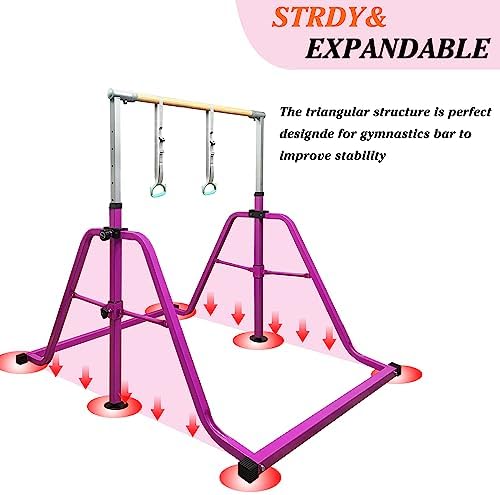 Foldable & Moveable Gymnastics Horizontal Bar with Rings 3 to 5 Adjustable Height Expandable Junior Kip Bar for Home Indoor Gym Equipment for Kids