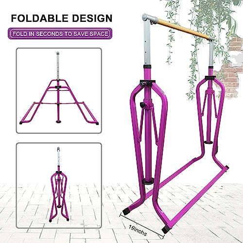 Foldable & Moveable Gymnastics Horizontal Bar with Rings 3 to 5 Adjustable Height Expandable Junior Kip Bar for Home Indoor Gym Equipment for Kids