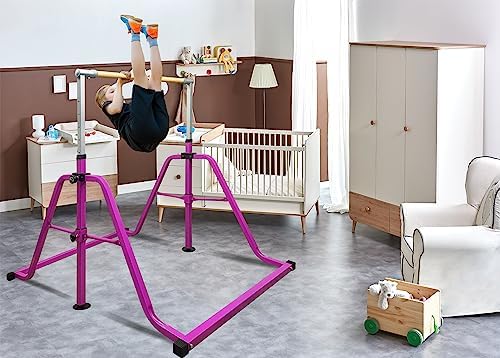 Foldable & Moveable Gymnastics Horizontal Bar with Rings 3 to 5 Adjustable Height Expandable Junior Kip Bar for Home Indoor Gym Equipment for Kids