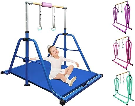 Foldable & Moveable Gymnastics Horizontal Bar with Rings 3 to 5 Adjustable Height Expandable Junior Kip Bar for Home Indoor Gym Equipment for Kids