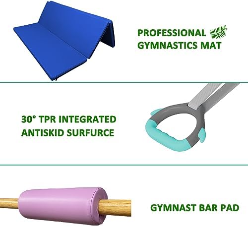 Foldable & Moveable Gymnastics Horizontal Bar with Rings 3 to 5 Adjustable Height Expandable Junior Kip Bar for Home Indoor Gym Equipment for Kids