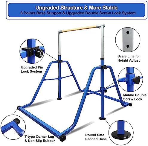 Foldable & Moveable Gymnastics Horizontal Bar with Rings 3 to 5 Adjustable Height Expandable Junior Kip Bar for Home Indoor Gym Equipment for Kids