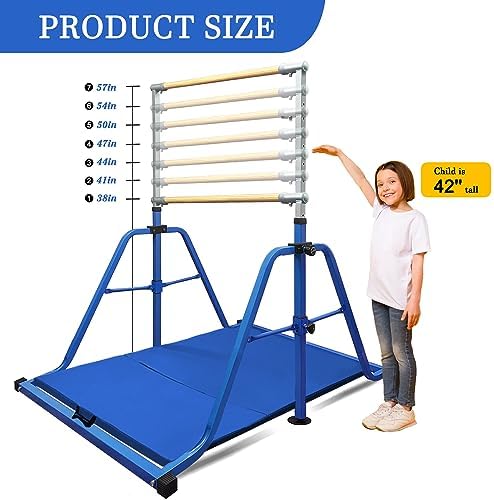 Foldable & Moveable Gymnastics Horizontal Bar with Rings 3 to 5 Adjustable Height Expandable Junior Kip Bar for Home Indoor Gym Equipment for Kids