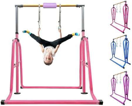 Foldable & Moveable Gymnastics Horizontal Bar with Rings 3 to 5 Adjustable Height Expandable Junior Kip Bar for Home Indoor Gym Equipment for Kids