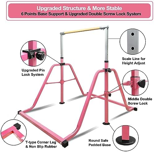 Foldable & Moveable Gymnastics Horizontal Bar with Rings 3 to 5 Adjustable Height Expandable Junior Kip Bar for Home Indoor Gym Equipment for Kids