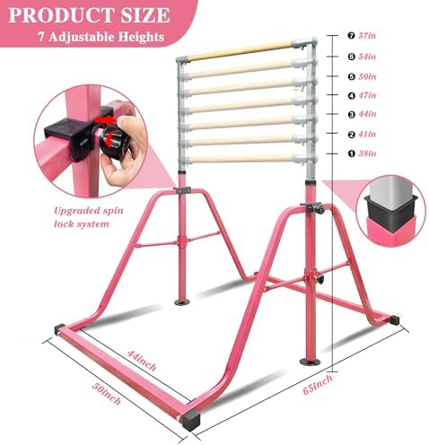 Foldable & Moveable Gymnastics Horizontal Bar with Rings 3 to 5 Adjustable Height Expandable Junior Kip Bar for Home Indoor Gym Equipment for Kids