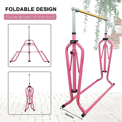 Foldable & Moveable Gymnastics Horizontal Bar with Rings 3 to 5 Adjustable Height Expandable Junior Kip Bar for Home Indoor Gym Equipment for Kids