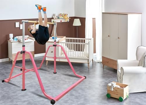 Foldable & Moveable Gymnastics Horizontal Bar with Rings 3 to 5 Adjustable Height Expandable Junior Kip Bar for Home Indoor Gym Equipment for Kids