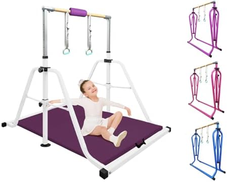 Foldable & Moveable Gymnastics Horizontal Bar with Rings 3 to 5 Adjustable Height Expandable Junior Kip Bar for Home Indoor Gym Equipment for Kids