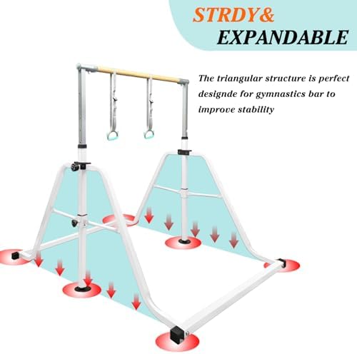 Foldable & Moveable Gymnastics Horizontal Bar with Rings 3 to 5 Adjustable Height Expandable Junior Kip Bar for Home Indoor Gym Equipment for Kids