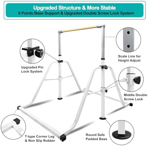 Foldable & Moveable Gymnastics Horizontal Bar with Rings 3 to 5 Adjustable Height Expandable Junior Kip Bar for Home Indoor Gym Equipment for Kids