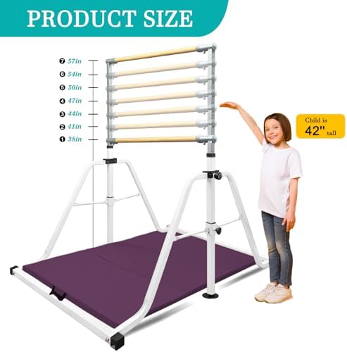 Foldable & Moveable Gymnastics Horizontal Bar with Rings 3 to 5 Adjustable Height Expandable Junior Kip Bar for Home Indoor Gym Equipment for Kids