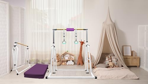 Foldable & Moveable Gymnastics Horizontal Bar with Rings 3 to 5 Adjustable Height Expandable Junior Kip Bar for Home Indoor Gym Equipment for Kids