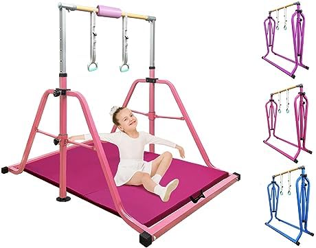 Foldable & Moveable Gymnastics Horizontal Bar with Rings 3 to 5 Adjustable Height Expandable Junior Kip Bar for Home Indoor Gym Equipment for Kids