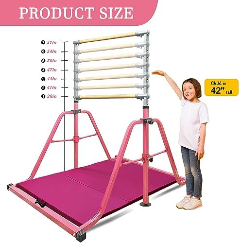 Foldable & Moveable Gymnastics Horizontal Bar with Rings 3 to 5 Adjustable Height Expandable Junior Kip Bar for Home Indoor Gym Equipment for Kids
