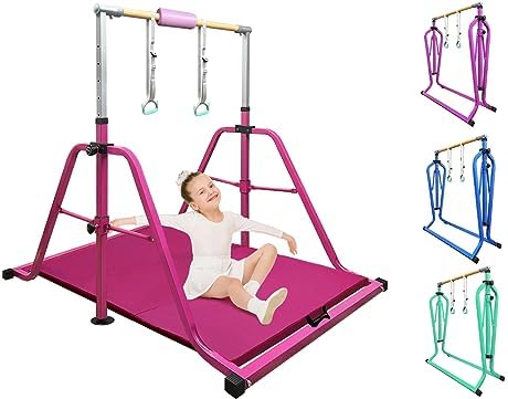 Foldable & Moveable Gymnastics Horizontal Bar with Rings 3 to 5 Adjustable Height Expandable Junior Kip Bar for Home Indoor Gym Equipment for Kids