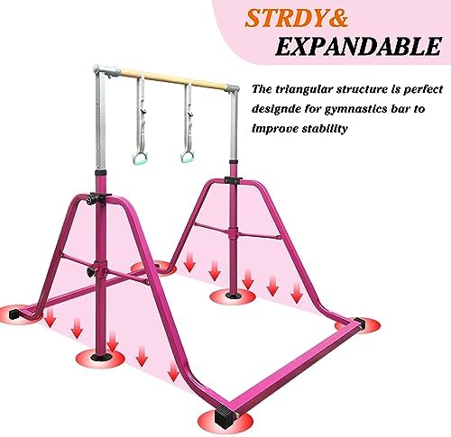 Foldable & Moveable Gymnastics Horizontal Bar with Rings 3 to 5 Adjustable Height Expandable Junior Kip Bar for Home Indoor Gym Equipment for Kids
