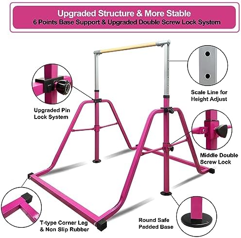Foldable & Moveable Gymnastics Horizontal Bar with Rings 3 to 5 Adjustable Height Expandable Junior Kip Bar for Home Indoor Gym Equipment for Kids