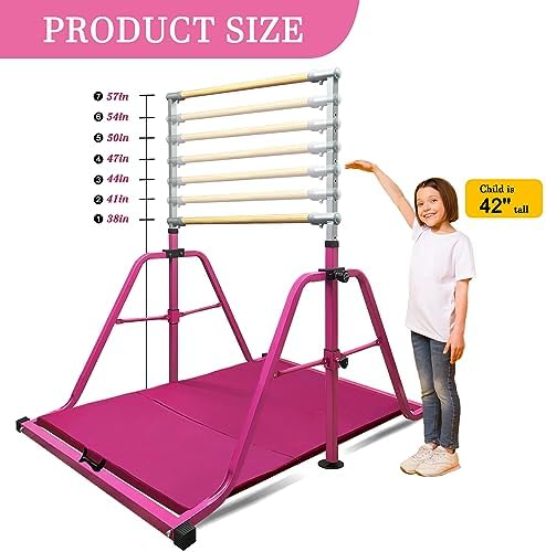 Foldable & Moveable Gymnastics Horizontal Bar with Rings 3 to 5 Adjustable Height Expandable Junior Kip Bar for Home Indoor Gym Equipment for Kids